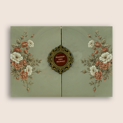 Pale Olive Green Floral Door Style Padded Wedding Card - KJTS3692