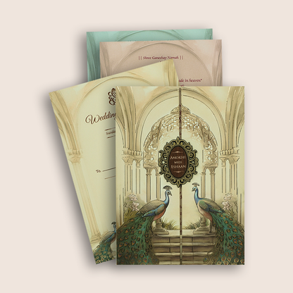 Beige Peacock Door Style Padded Invitation Card- KJTS3677