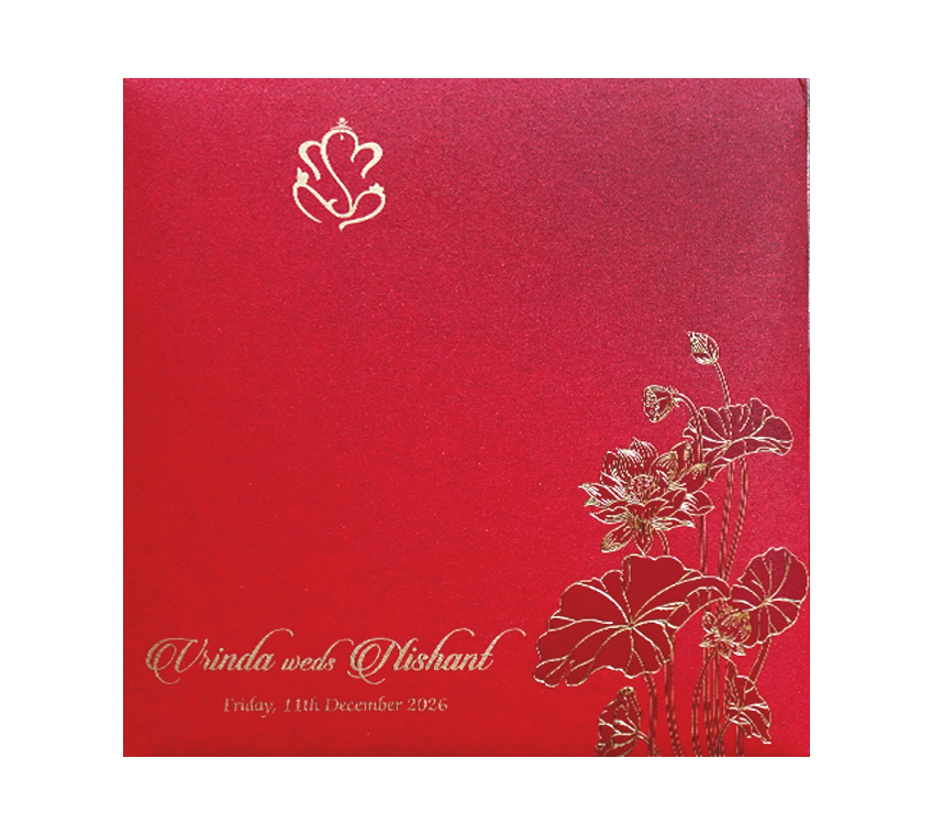 Red Lotus Laser Cut Door Style Wedding Card-KPR06110