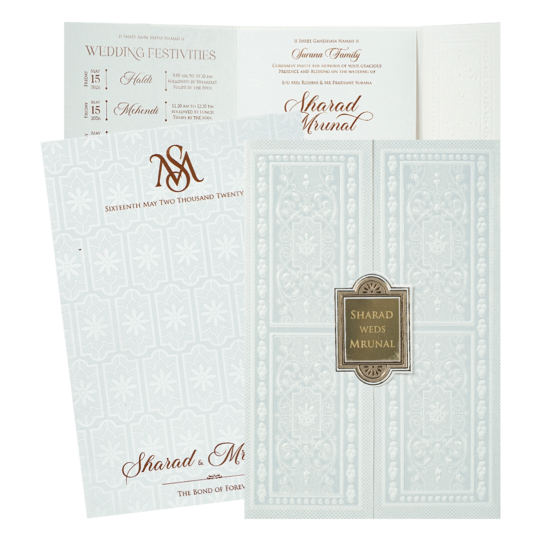 White Embossed Door Wedding card-KRE28690