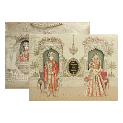 Cream Bride Groom Palace Wedding Invitation Box - KSI63960
