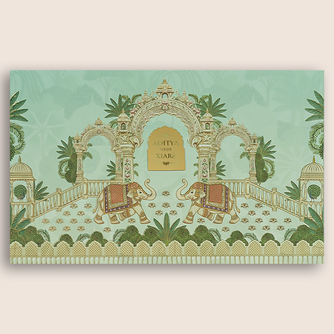Pastel Green Royal Elephant Marriage Invitation - KFR17530