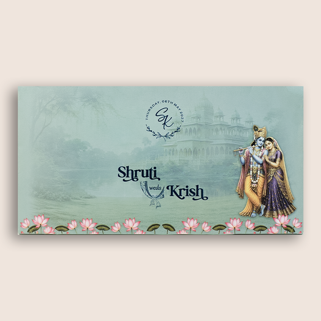 Green Lord Radha Krishna Marriage Card - KVN08040