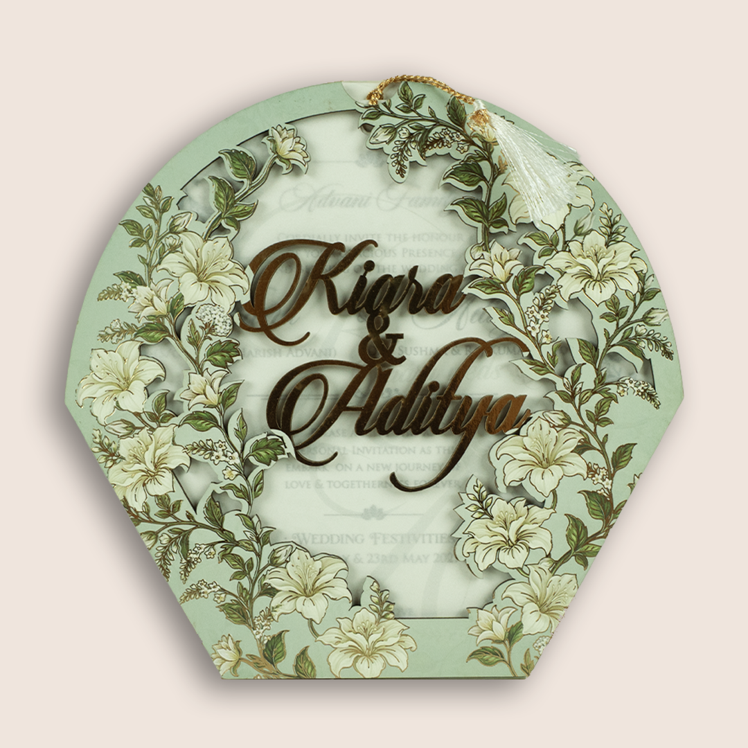 Pastel Green Floral MDF Laser Cut Wedding Card - KFR17130