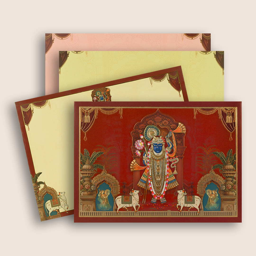 Maroon Lord Shreenathji Padded Wedding Card - KAA06080