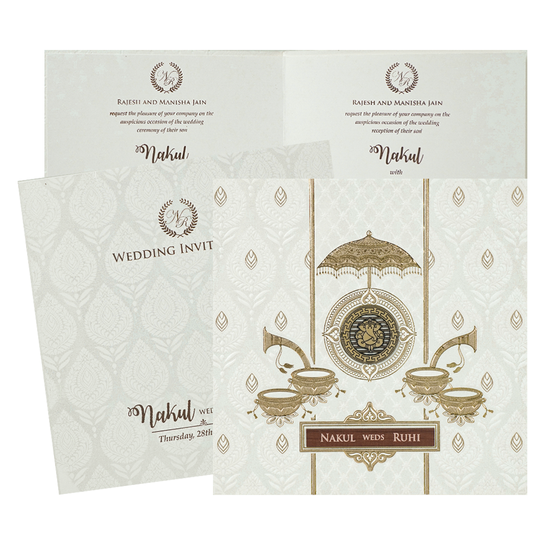 White Ganesha Umbrella Embossed Wedding card-KRE28530