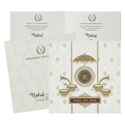 White Ganesha Umbrella Embossed Wedding card-KRE28530