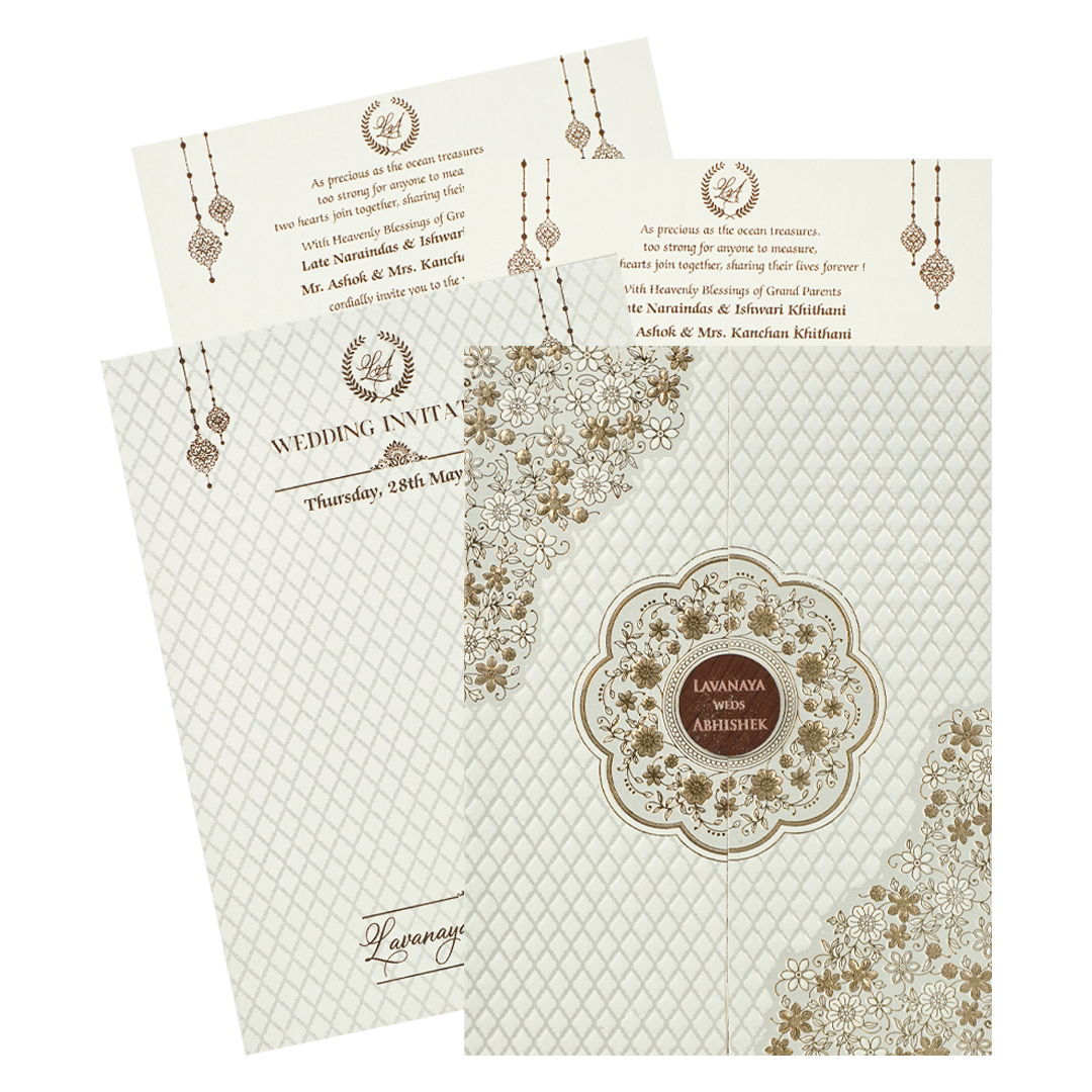 White Gold Floral Door Wedding Card-KRE27690