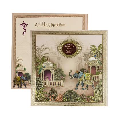 Cream Elephant Palace Padded Wedding Card-KSH72620