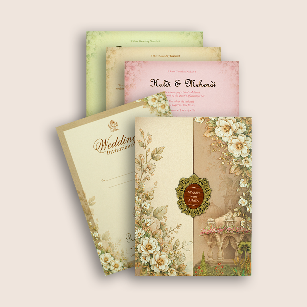 Pastel Brown Floral Door Style Padded Wedding Invitation - KSH27070