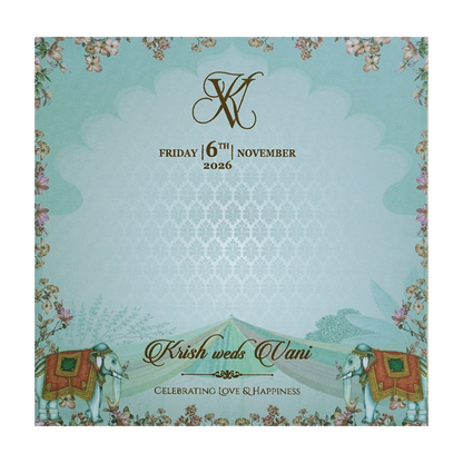 Pastel Blue Elephant Door Padded Wedding Card - KVN07540