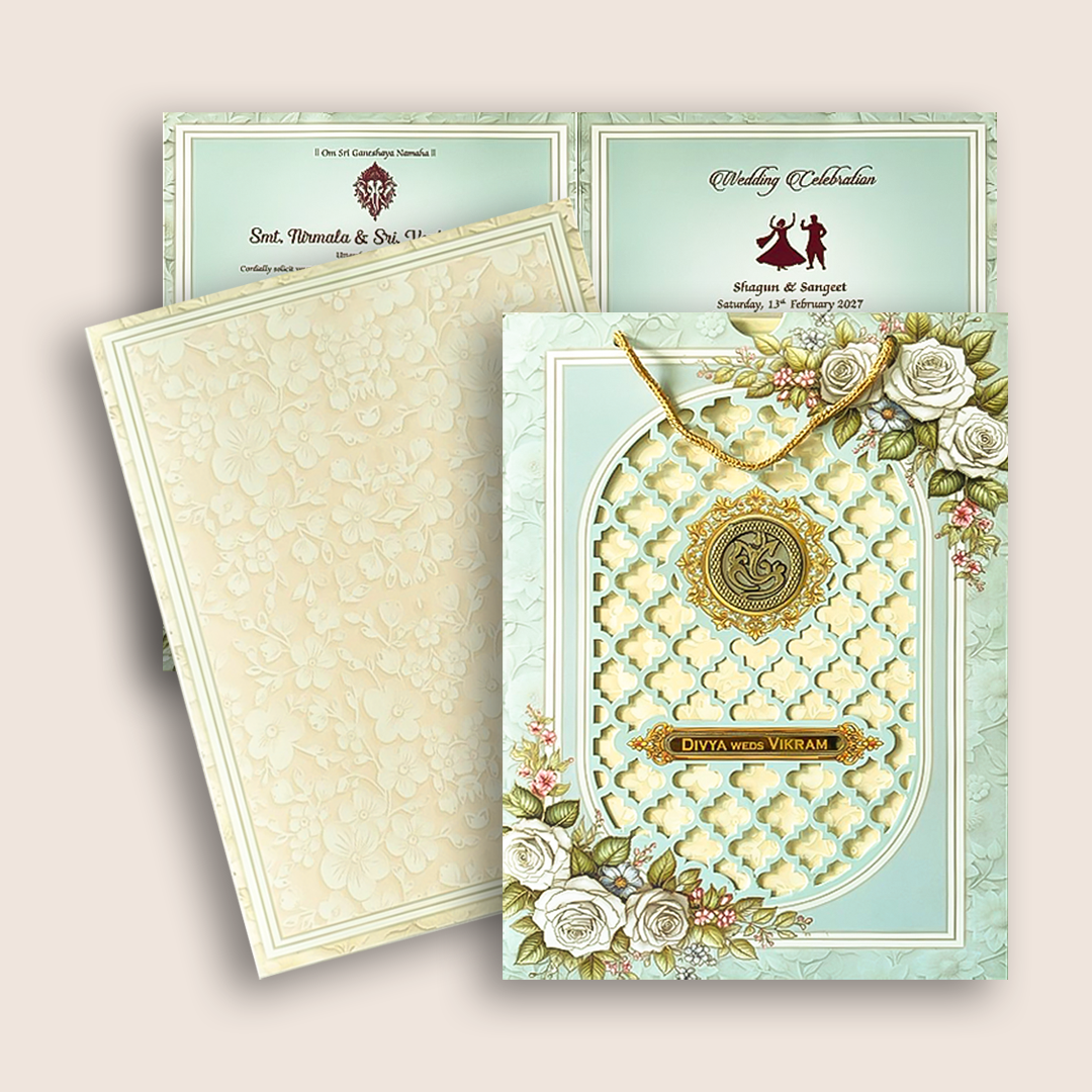Pastel Blue Laser-Cut Floral Bag Style Wedding Card - KNAS3105