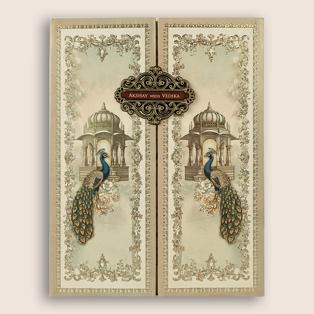 Beige Peacock Door Style Padded Wedding Invitation - KSH73730