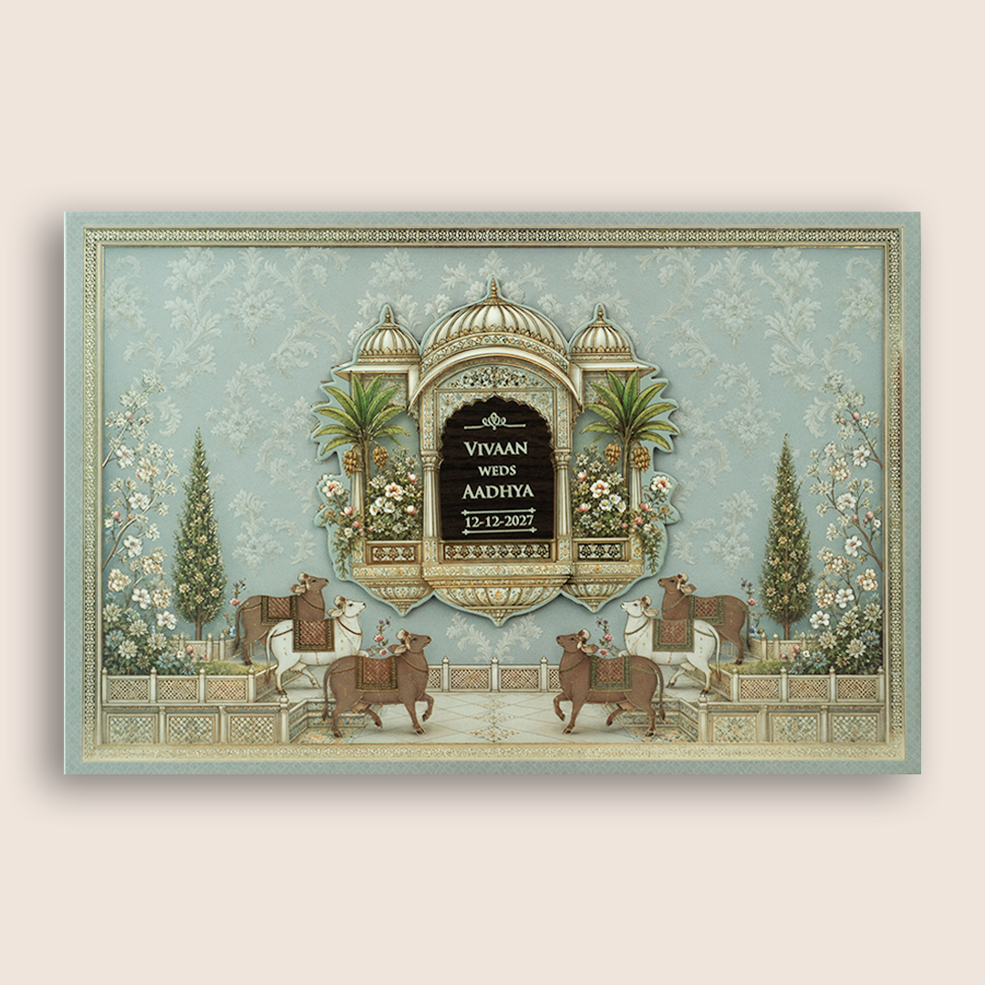 Blue Jharokha Padded Wedding Invitation Card - KSH18050