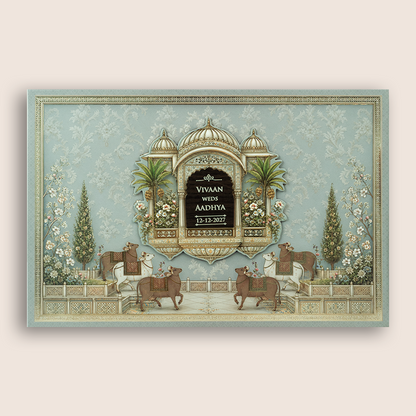 Blue Jharokha Padded Wedding Invitation Card - KSH18050