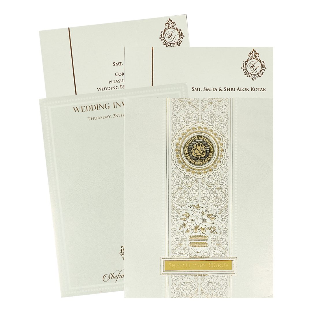 White Ganesha Floral Padded Wedding Card-KRE28220