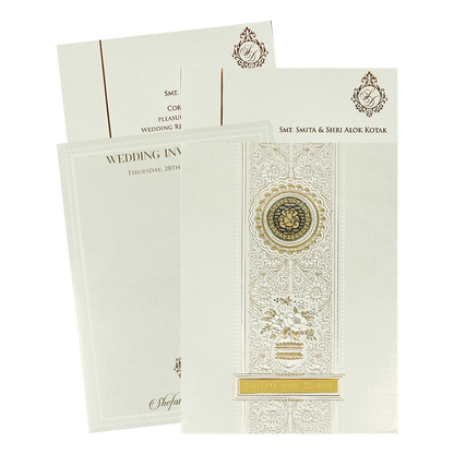 White Ganesha Floral Padded Wedding Card-KRE28220