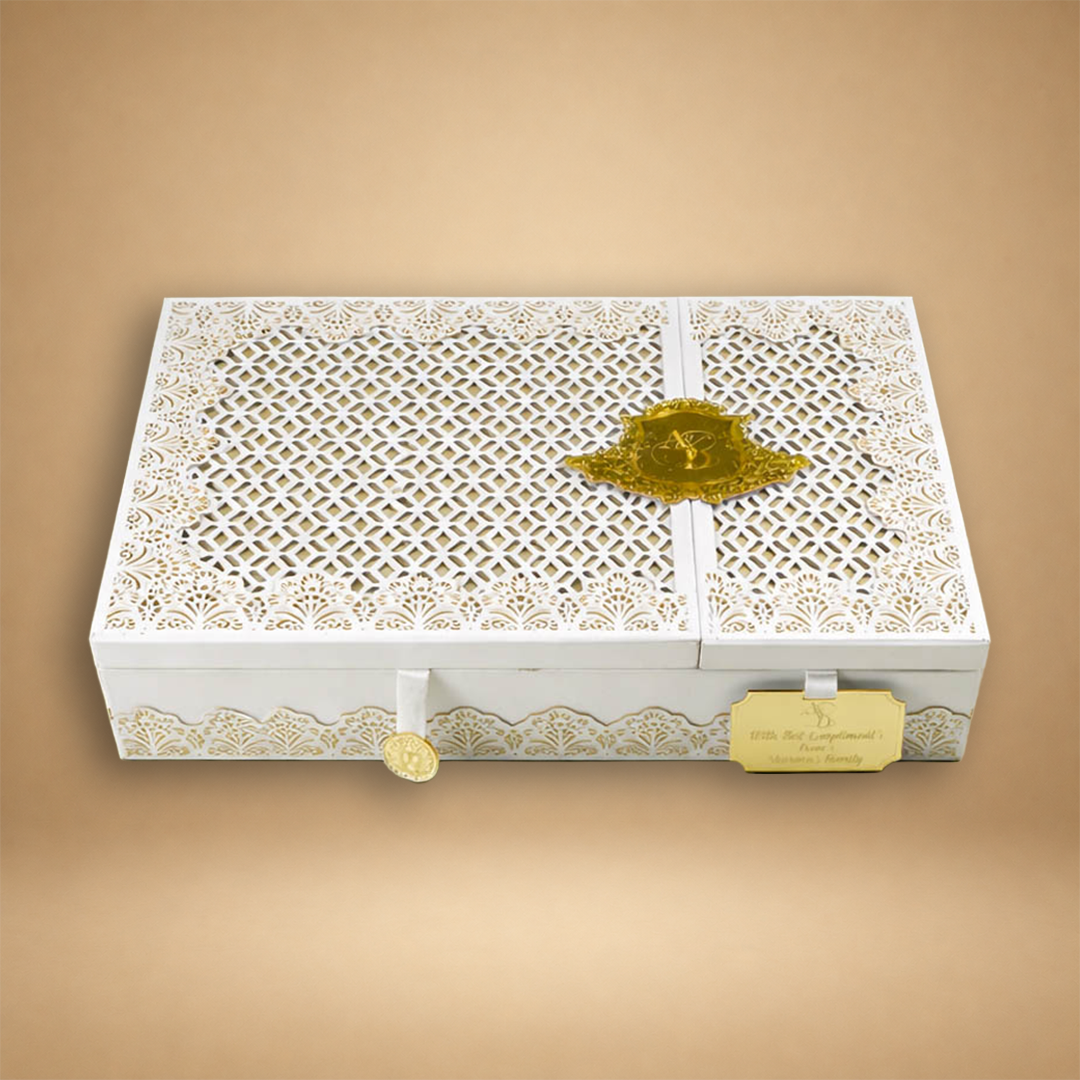 White Gold Laser-Cut Luxury Invitaion Box - KNLW20246