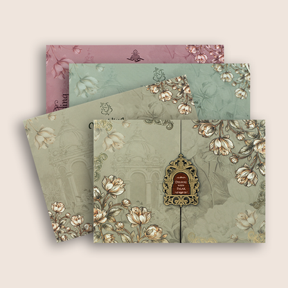 Beige Floral Embossed Door Style Padded Wedding Card - KVN07900