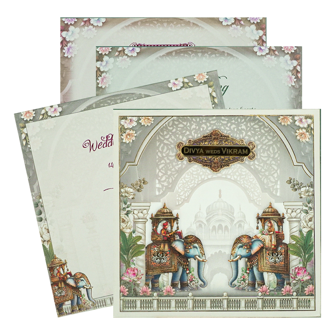 Grey Padded Royal Elephant Wedding Card-KNPO5571C