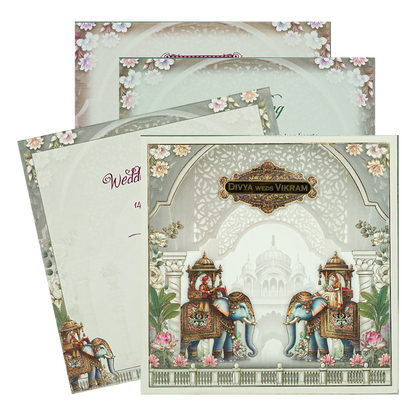 Grey Padded Royal Elephant Wedding Card-KNPO5571C