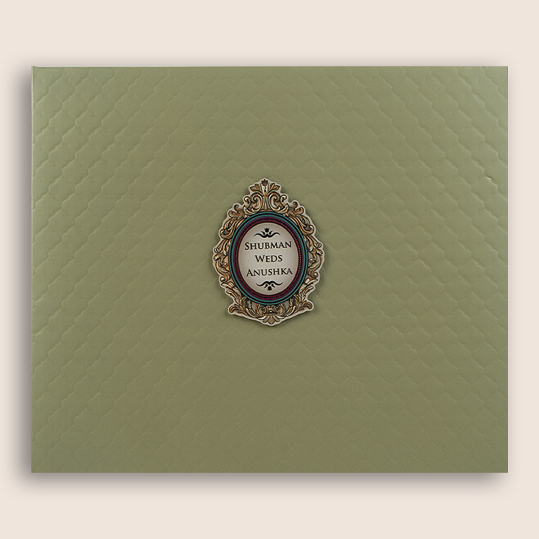 Olive Green Embossed Floral Padded Wedding card - KRB10390