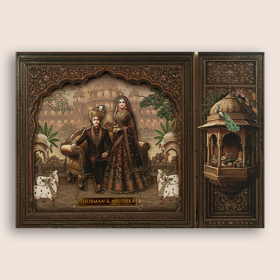 Dark Brown Laser Cut Bride Groom Door Style Padded Wedding Card - KRB105900