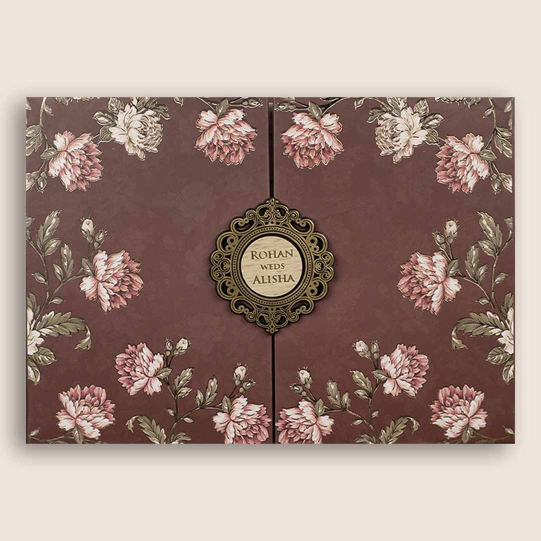 Maroon Floral Door Style Padded Wedding Card - KFR17350