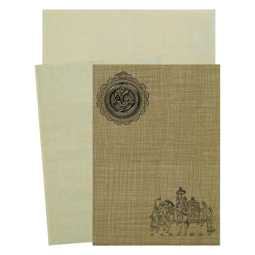 Brown Gold Prince Paper Print With Gold Foiling Baraat Print And Ganesh Sticker-KNPP717N