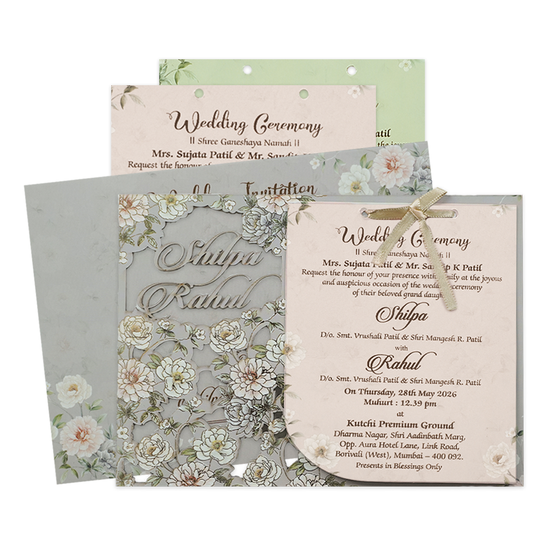 Grey Laser Cut Floral Wedding Card-KRE27280