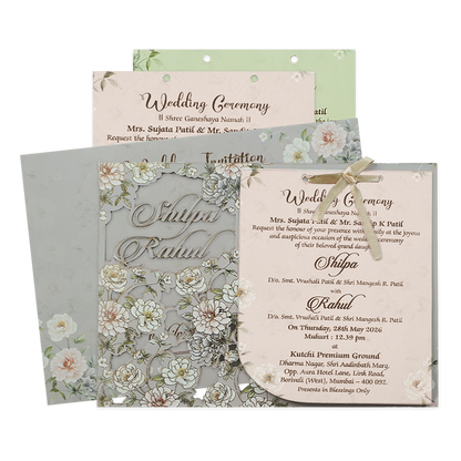 Grey Laser Cut Floral Wedding Card-KRE27280