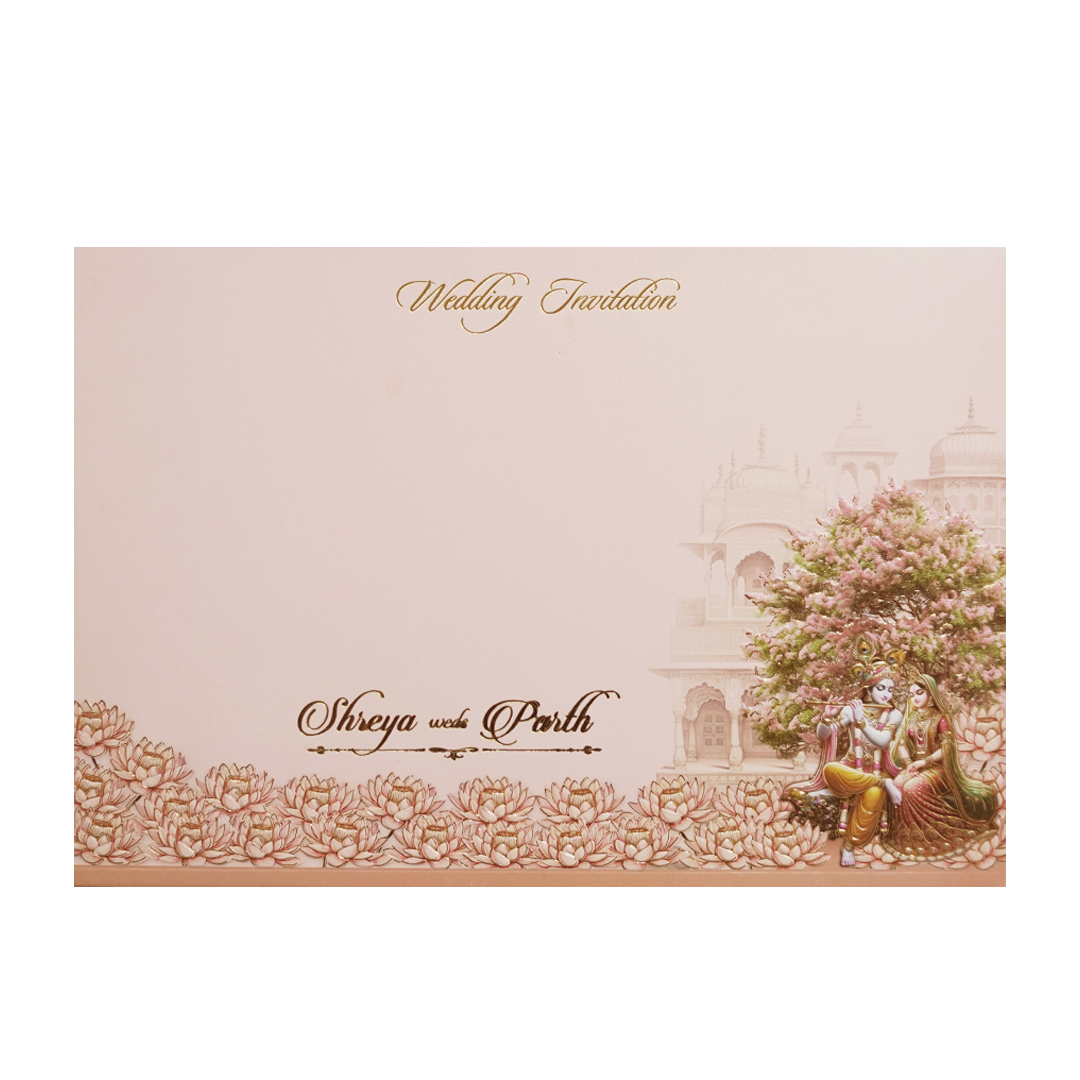 Pink Radha Krishna  Padded Palace Wedding Card -KMMEX8210
