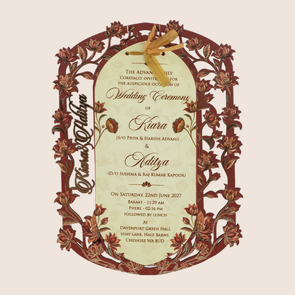Maroon Floral MDF Laser Cut Wedding Card - KFR17040