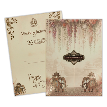 Cream Floral Palace Elephant Wedding Card-KSH73050