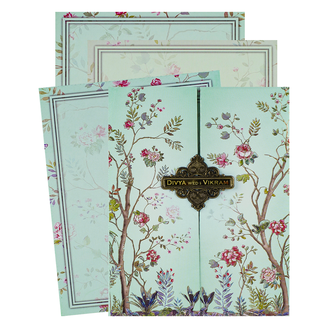 Blue Padded Floral Wedding Card-KNMO9316