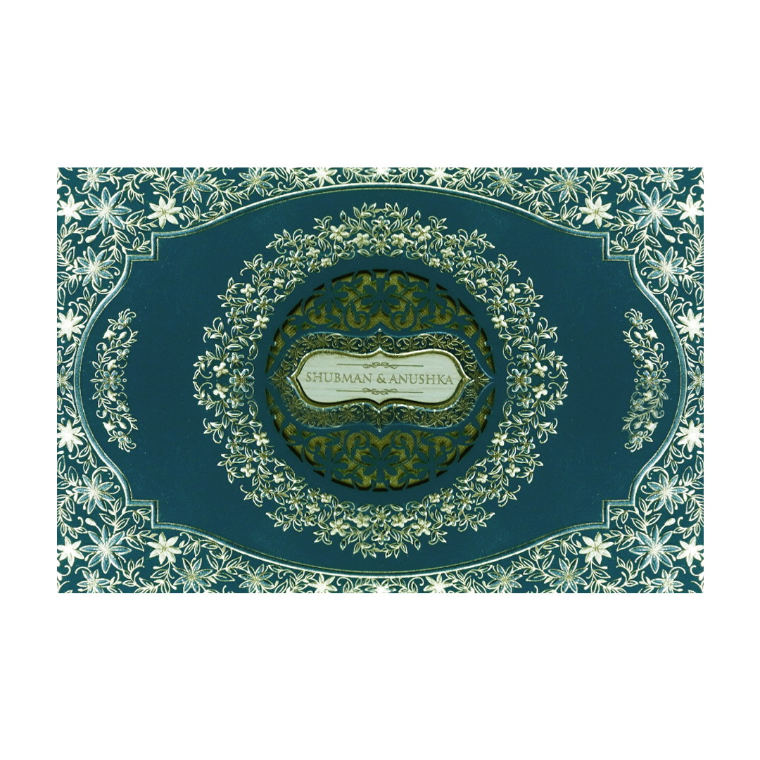 Blue Padded Embossed Floral Cutout Wedding Invitation Card-KRB09802