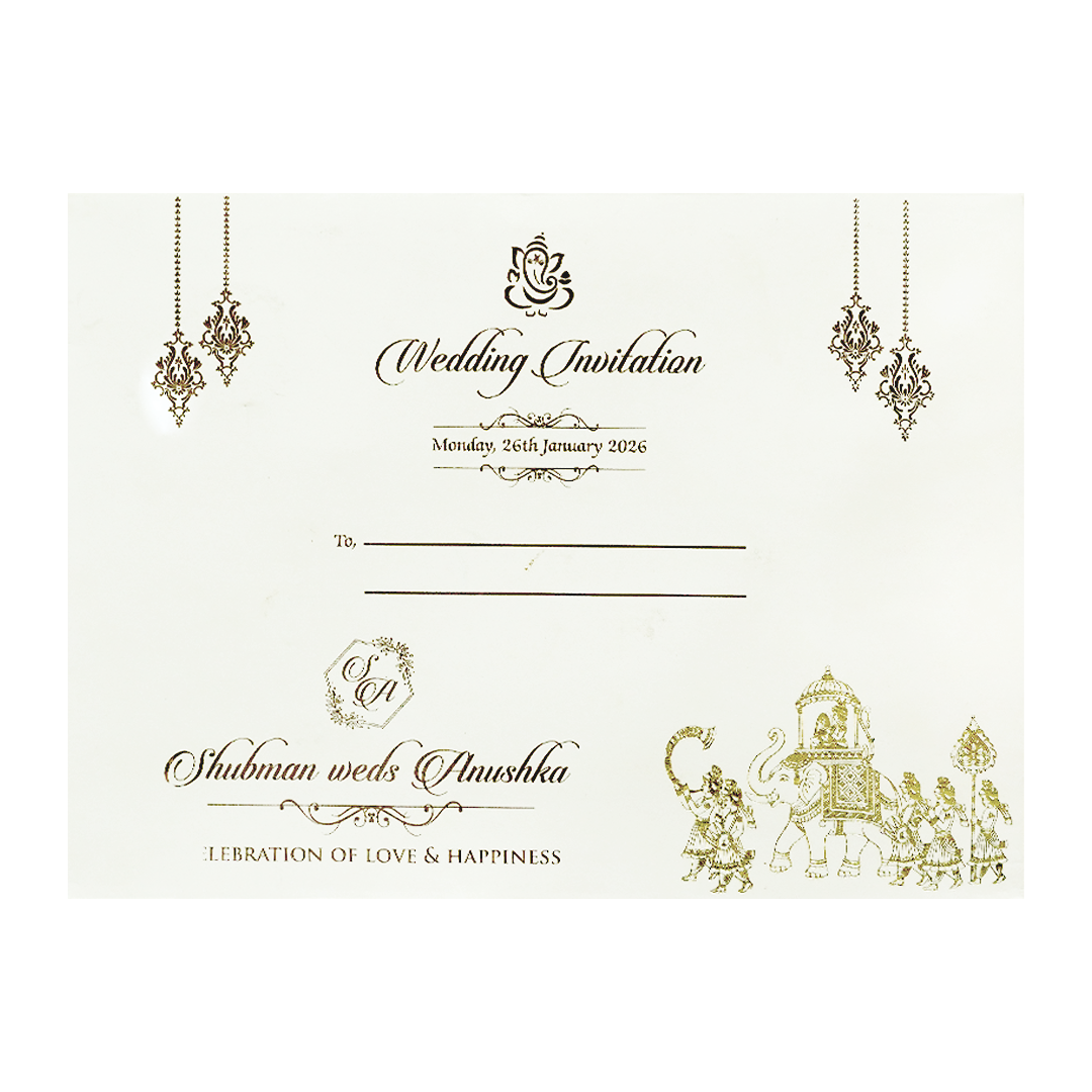 White Padded Wedding Invitation Card with Raised Gold Embossed Design-KRB09781