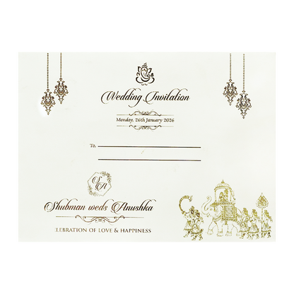 White Padded Wedding Invitation Card with Raised Gold Embossed Design-KRB09781
