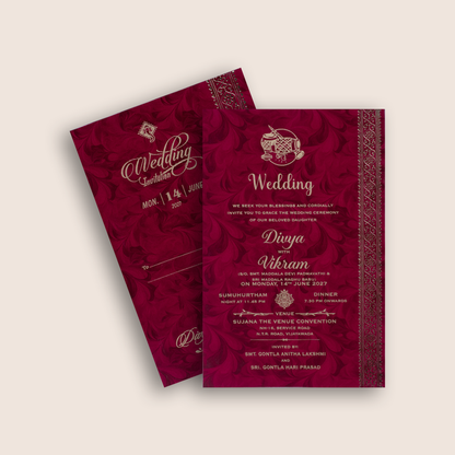 Dark Pink Floral Single Sheet Wedding Invitation - KNPD1685