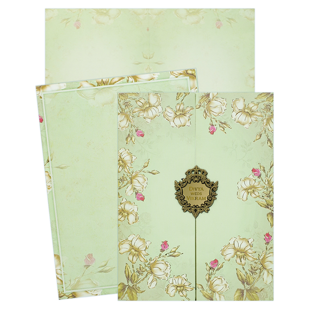 Green Floral Door Style Wedding Card - KNKC4097