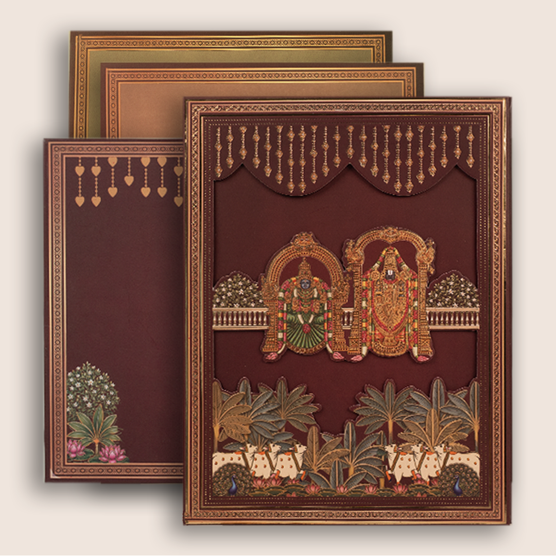 Maroon Lord Balaji Padmavathi Padded Wedding Card - KJTS3700