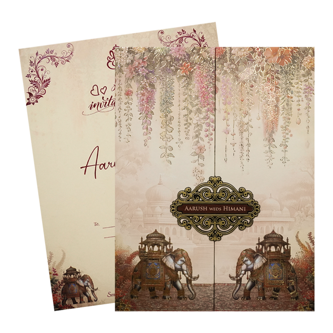 Cream Floral Elephant Padded Wedding Card-KSH72420
