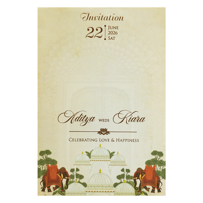 Cream Gold Dome Theme Elephant Wedding Card - KFR16120