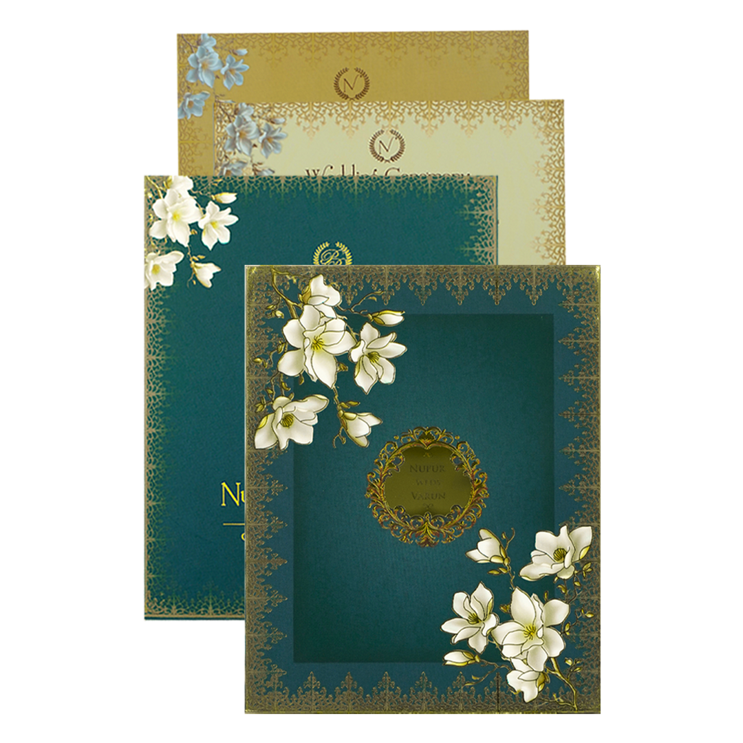 Blue Gold Floral Padded Wedding card-KRE28020