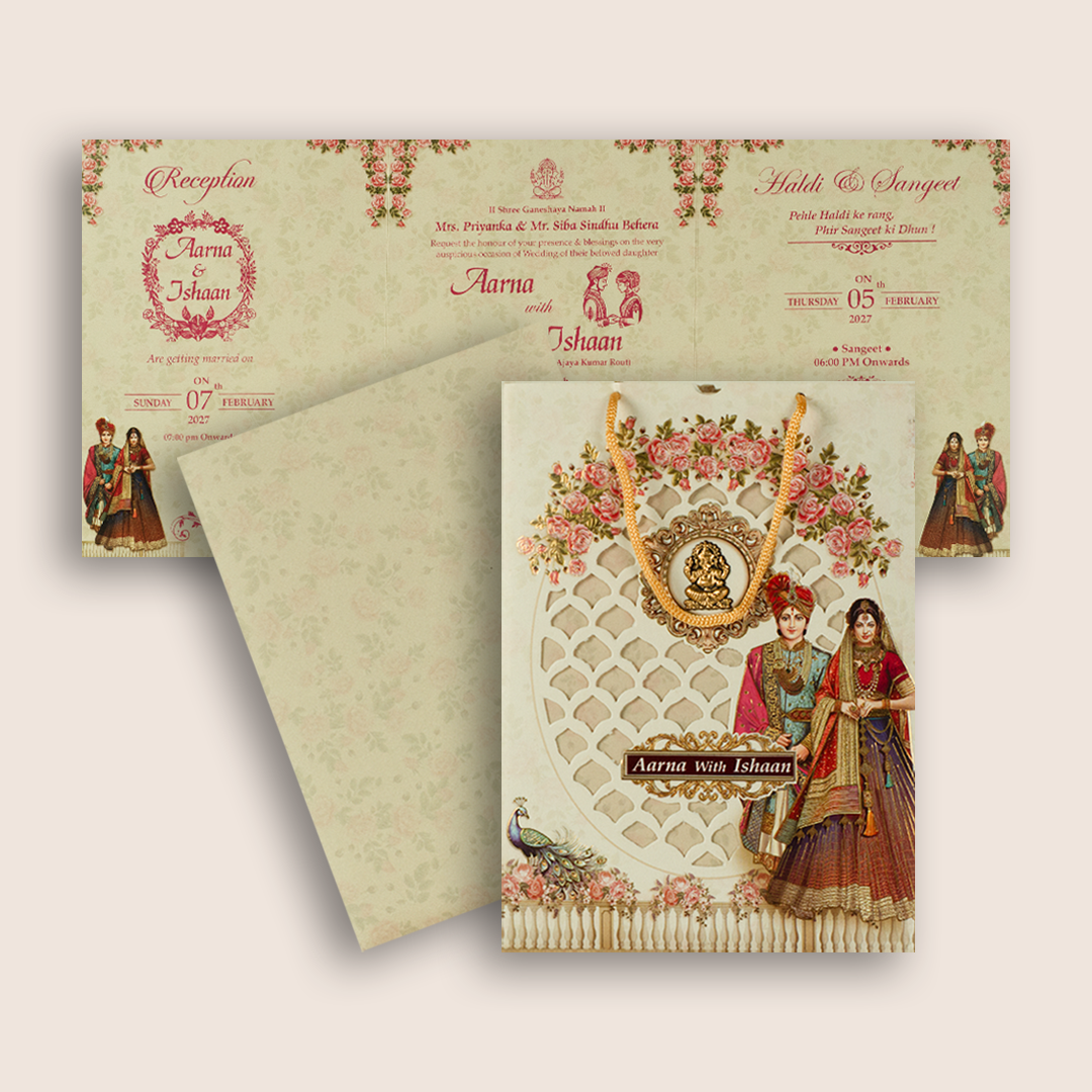 Cream Laser Cut Bride Groom Bag Style Marriage Card - KSH73220
