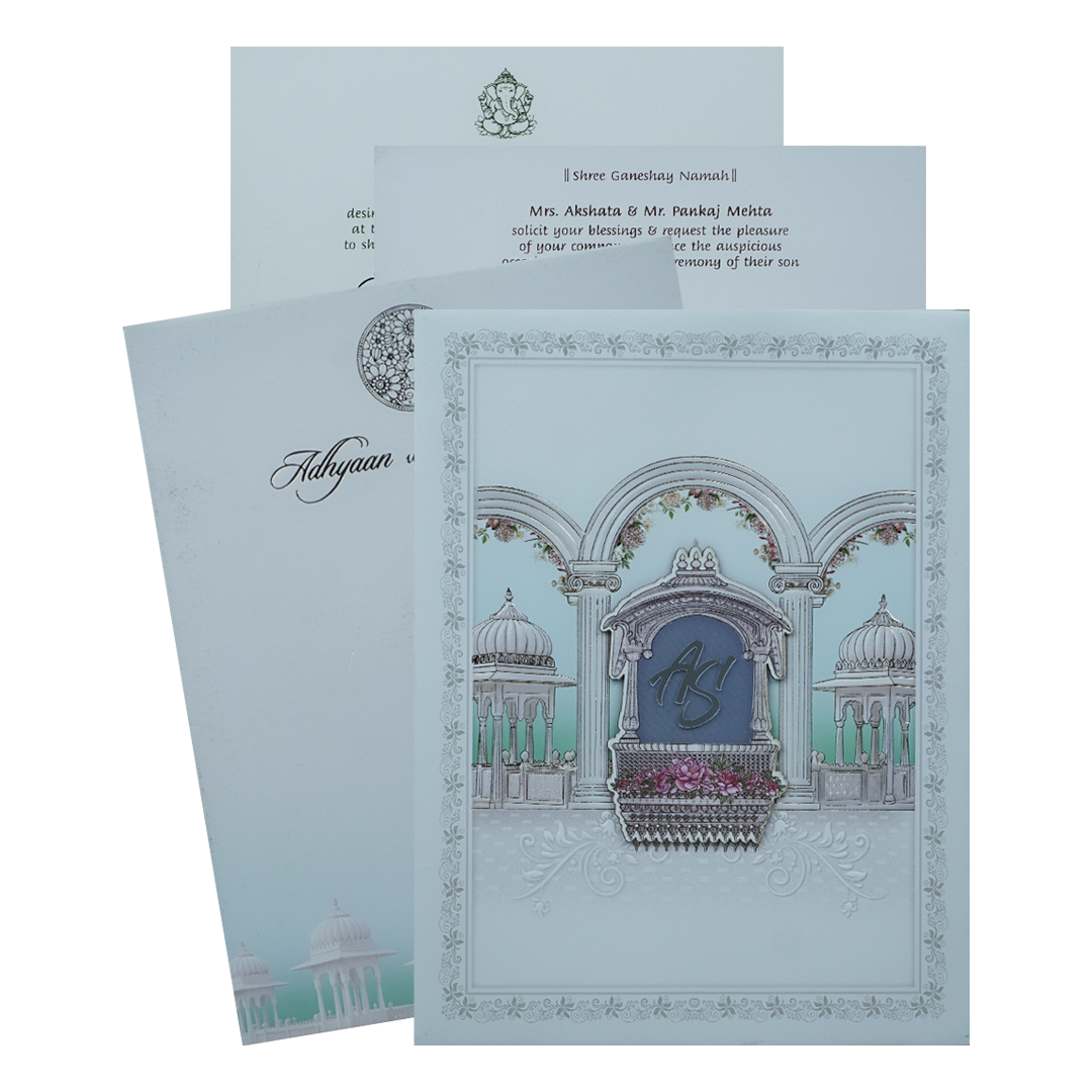 Blue Padded Floral Palace Wedding Card-KRC31030