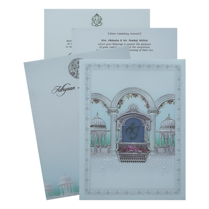Blue Padded Floral Palace Wedding Card-KRC31030