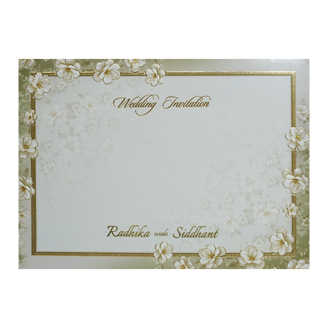 Grey Cream Floral Embossed Laser Cut Padded Wedding Card -KMMWD1143