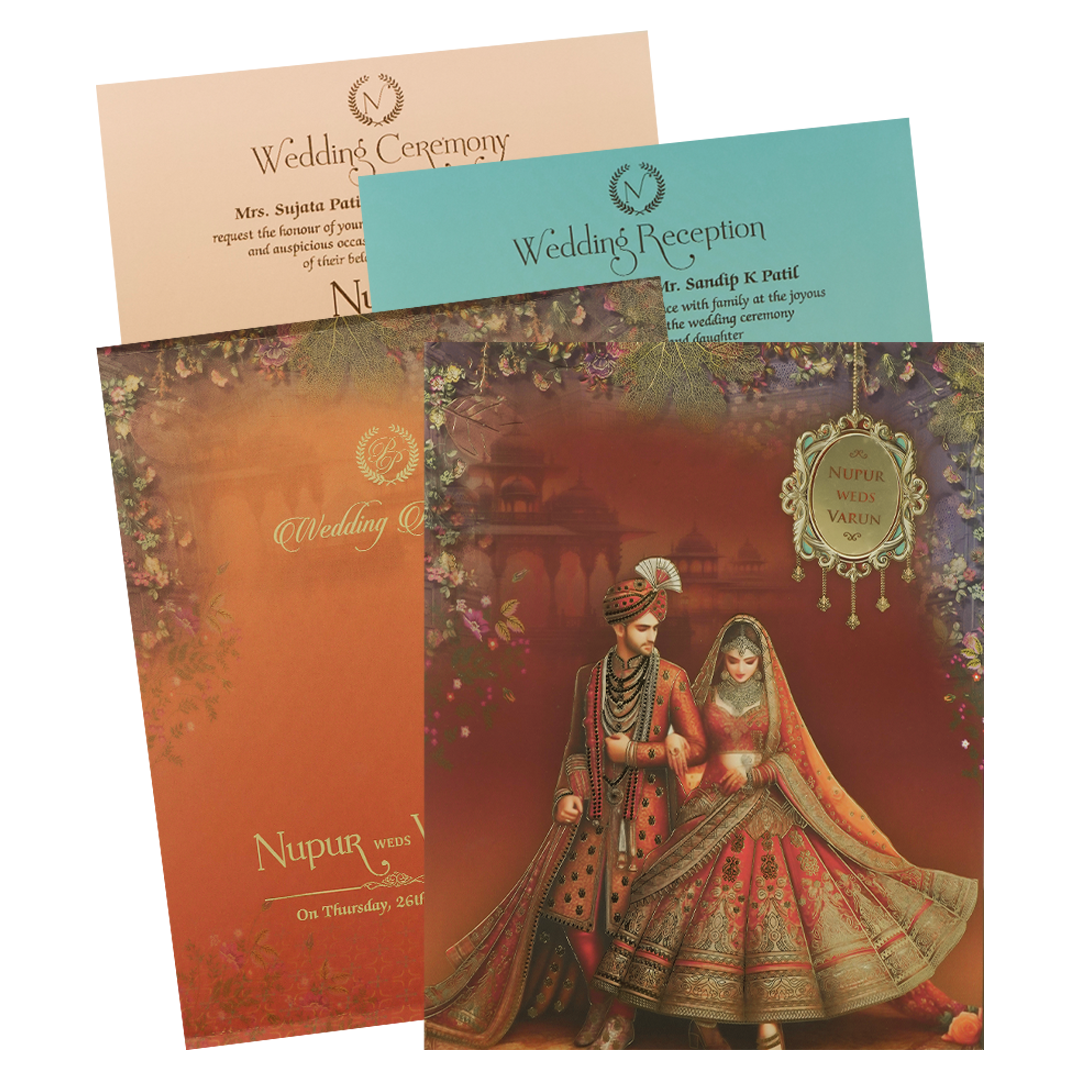 Maroon Royal Couple Padded Wedding card-KRE28030