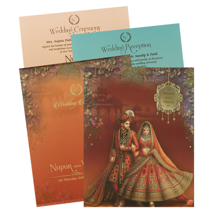 Maroon Royal Couple Padded Wedding card-KRE28030